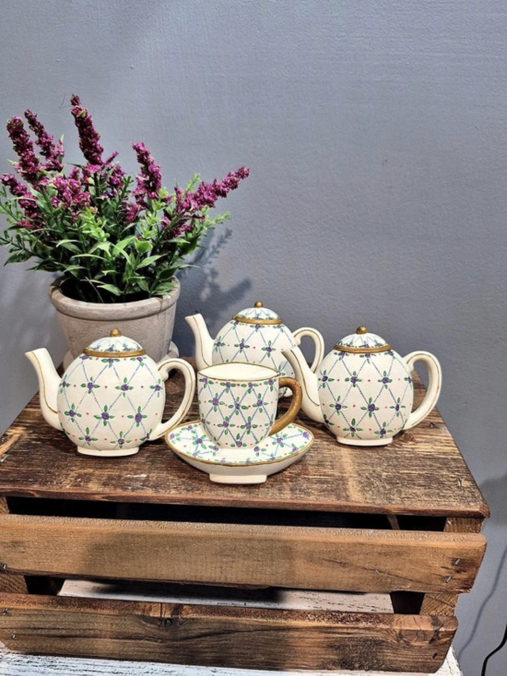 Vintage Abbott Collection Teapot Teacup Napkin Rings Set of 4 Excellent